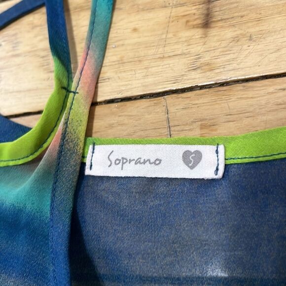 SOPRANO Green Blue Sheer Criss Cross Strap Camisole Colorful Stripe Button S Y2k - Picture 5 of 11
